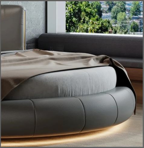 Modern Leather Upholstered LED Strip Wooden Round Bed / Ruchi