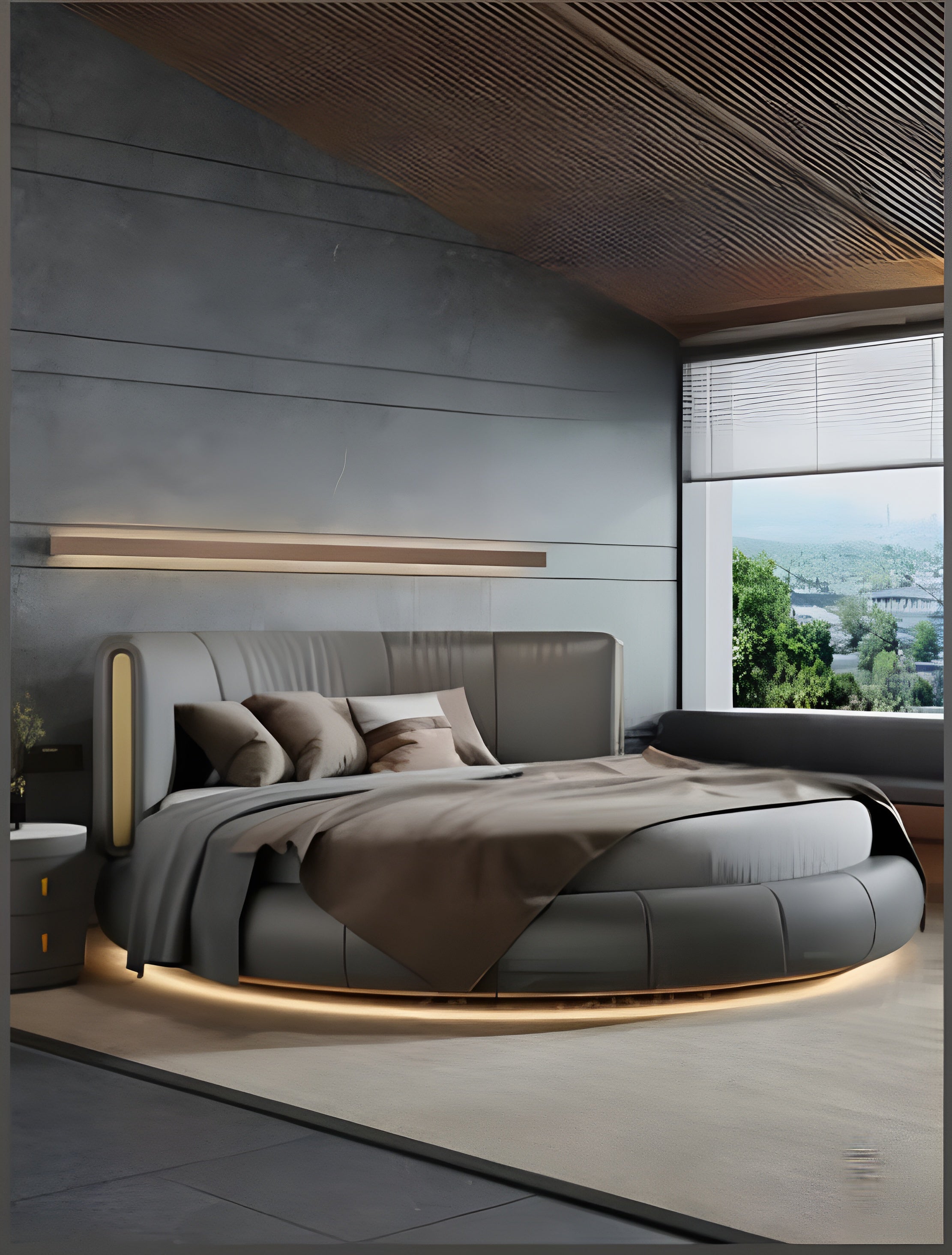 Modern Leather Round Bed With LED Lights