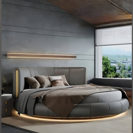 Modern Leather Round Bed With LED Lights / Ruchi