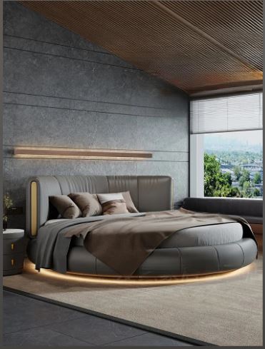Modern Leather Upholstered LED Strip Wooden Round Bed / Ruchi