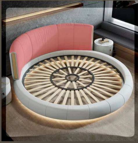 Modern Leather Upholstered LED Strip Wooden Round Bed / Ruchi