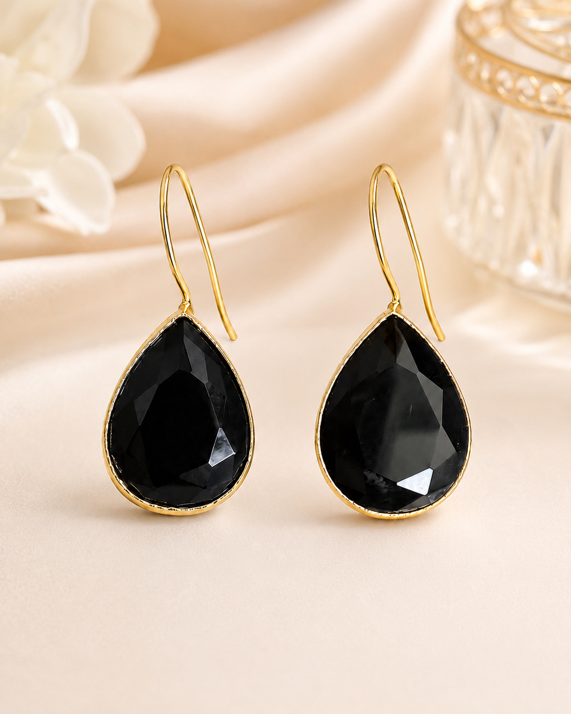 Glossy Black Stone Waterdrop Earrings / Ruchi