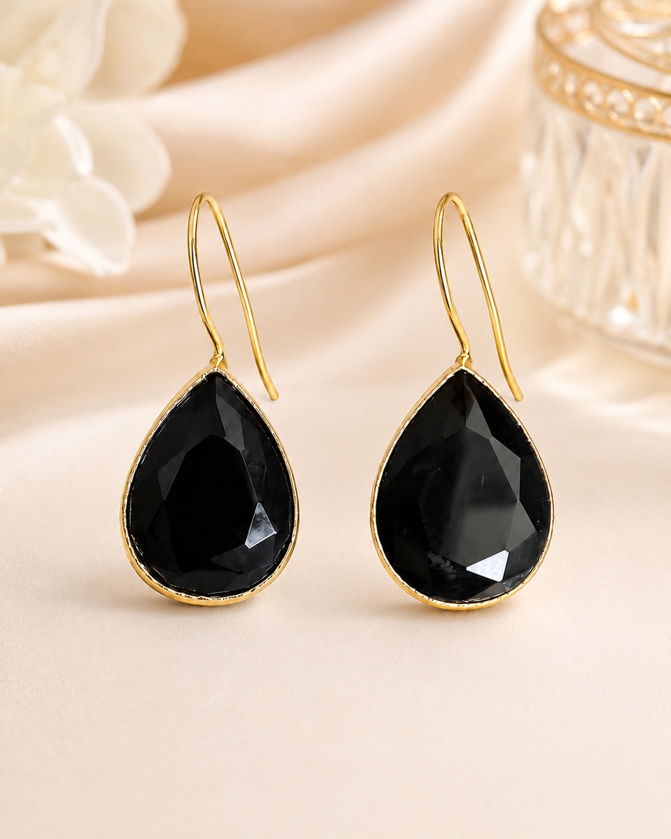 Glossy Black Stone Waterdrop Earrings / Ruchi