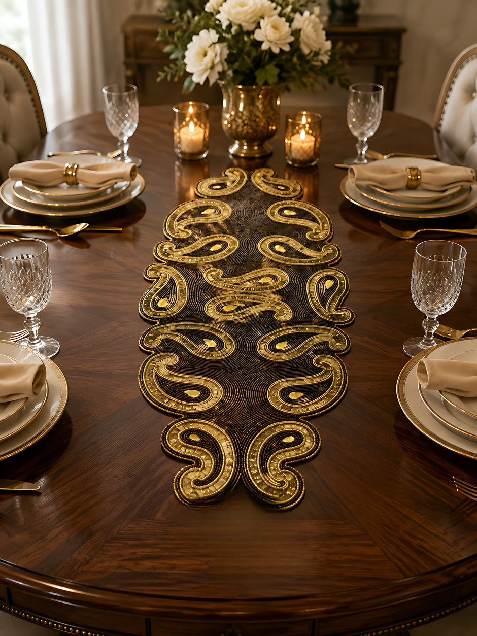 Gold Brown Paisley Beaded Runner / Ruchi