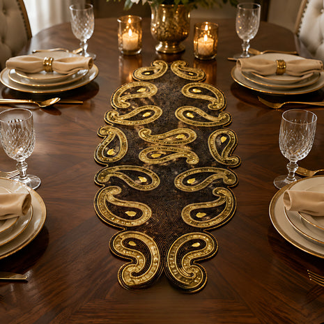 Gold Brown Paisley Beaded Runner / Ruchi