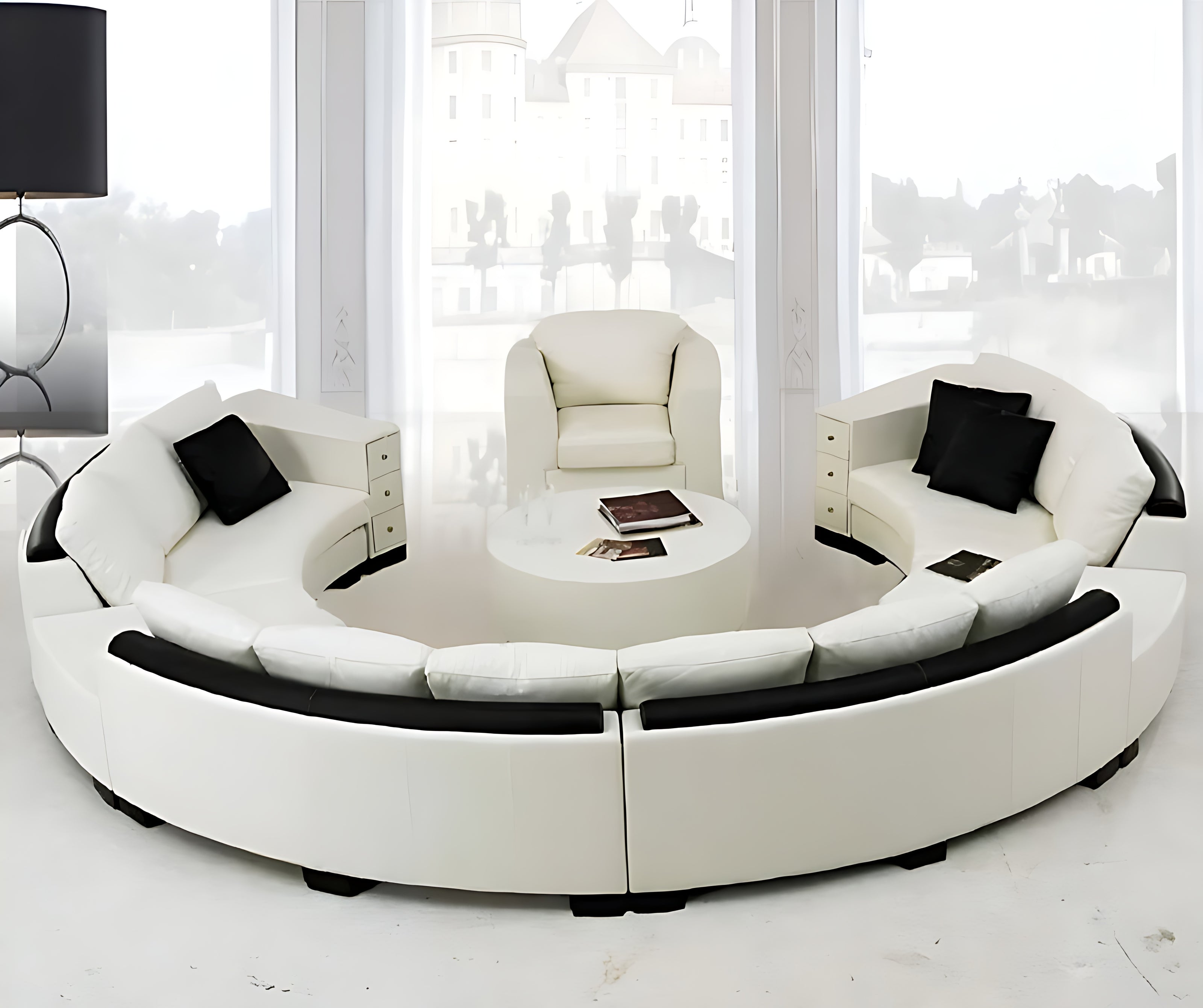 Opulent White Leather Round Sectional Sofa Set / Ruchi