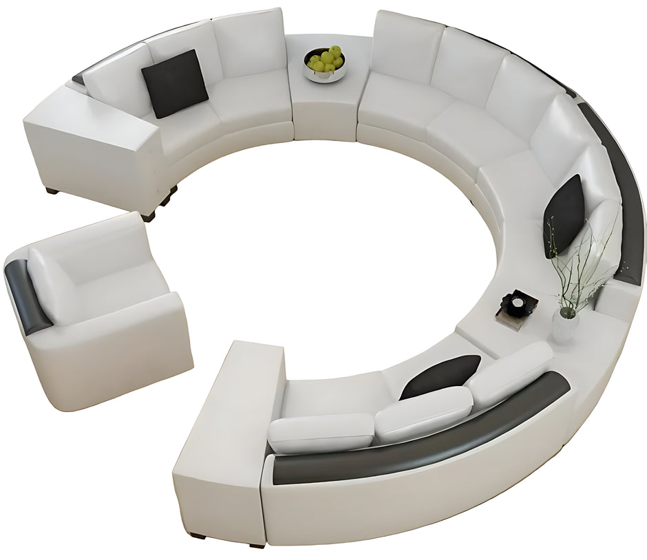 Opulent White Leather Round Sectional Sofa Set / Ruchi