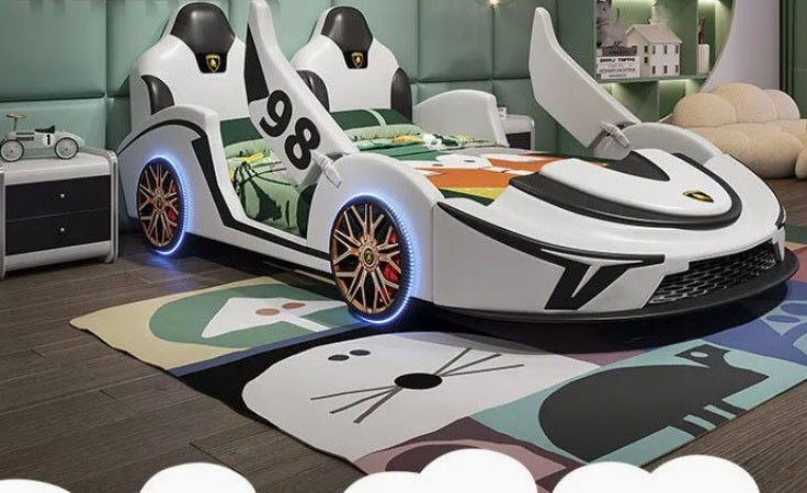 LED Car Leather Kids Bed With Storage