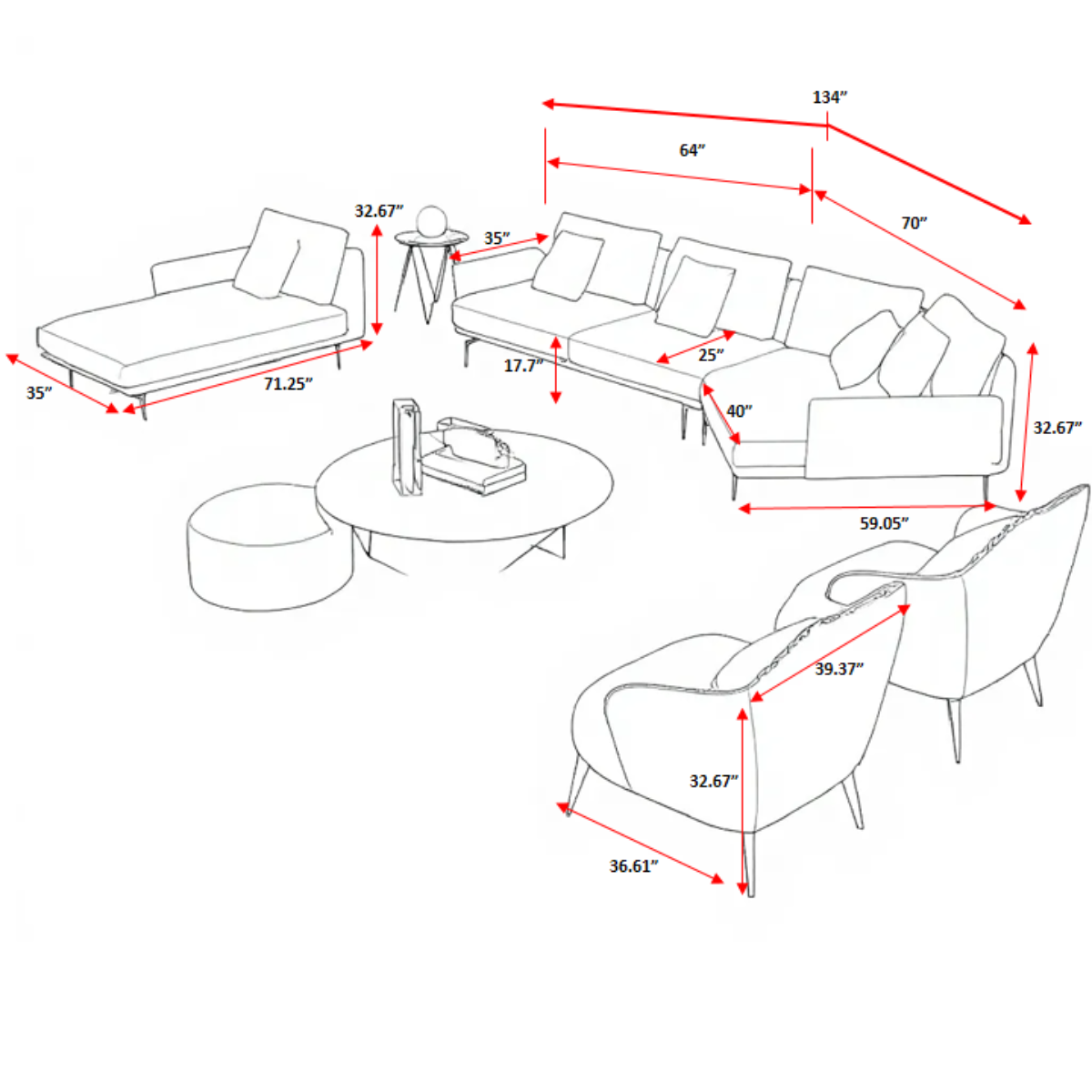 Leather Sectional Sofa Set with Chaise Lounge / Ruchi