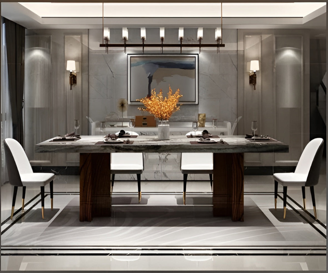 Marble Top Rectangular Dining Table Set / Ruchi