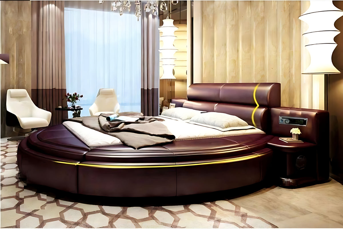 Modern Leather Round Bed With Headboard / Ruchi