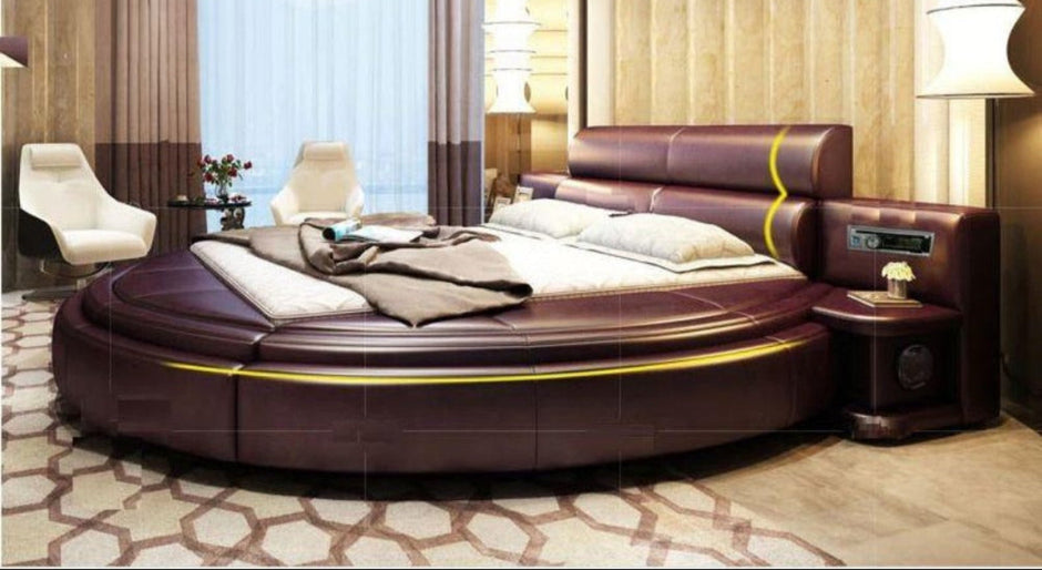 Modern Leather Round Bed With Headboard / Ruchi