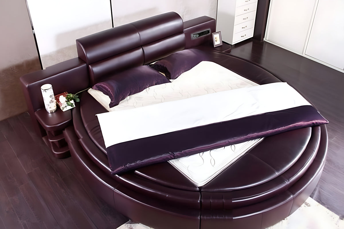 Modern Leather Round Bed With Headboard / Ruchi