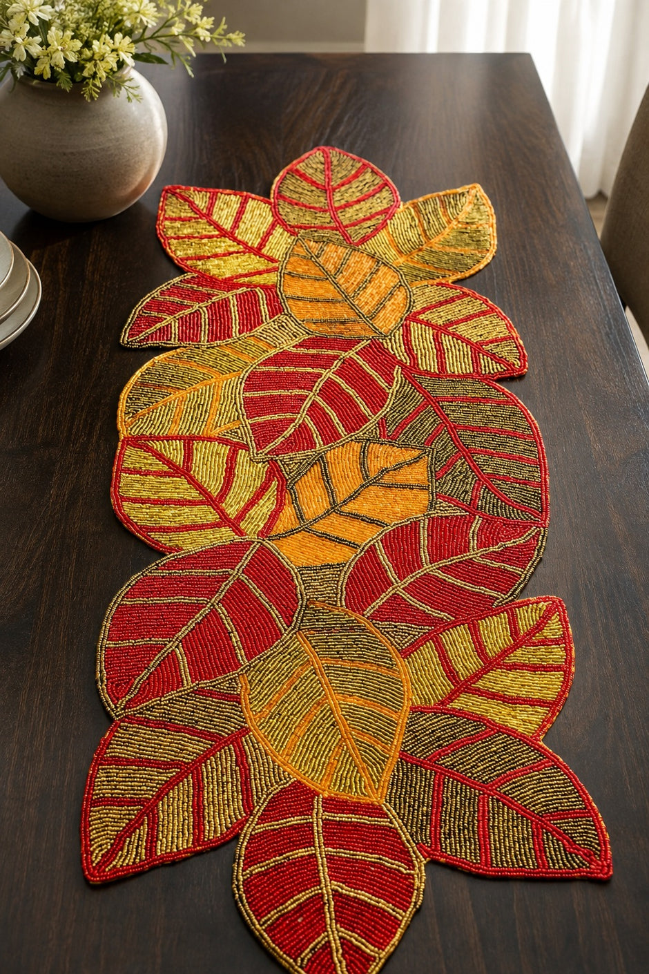 Handcrafted Leaf-Shaped Beaded Runner / Ruchi