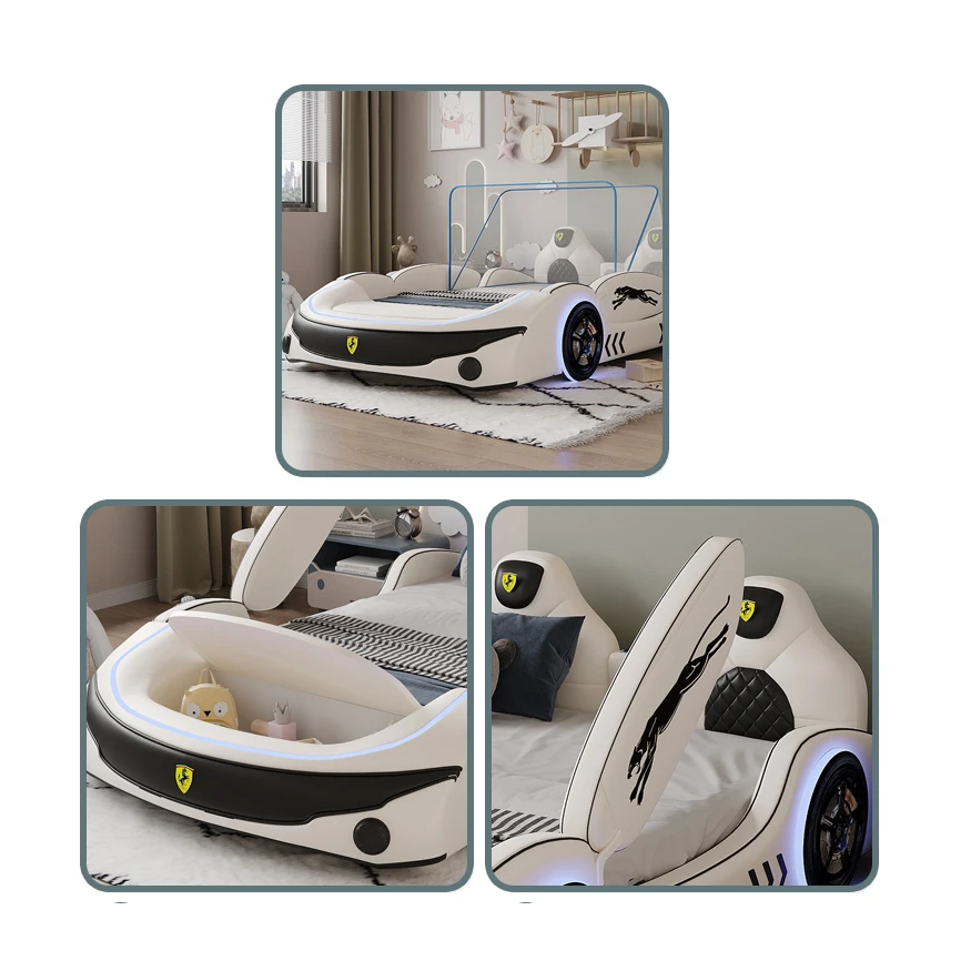 LED Leather Kids Car Bed With Mattress