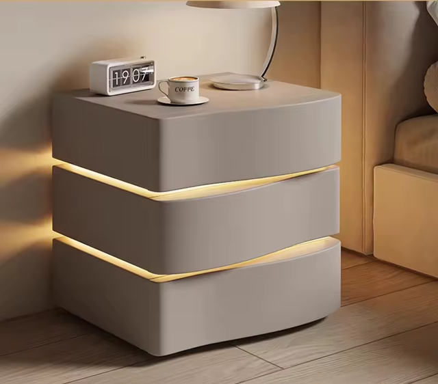Solid Wooden Leather Bedside Table With LED / Ruchi