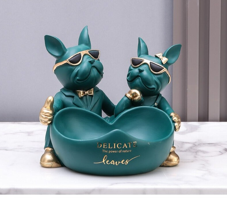 Couple Bulldog Resin Love Statue With Bowl / Ruchi