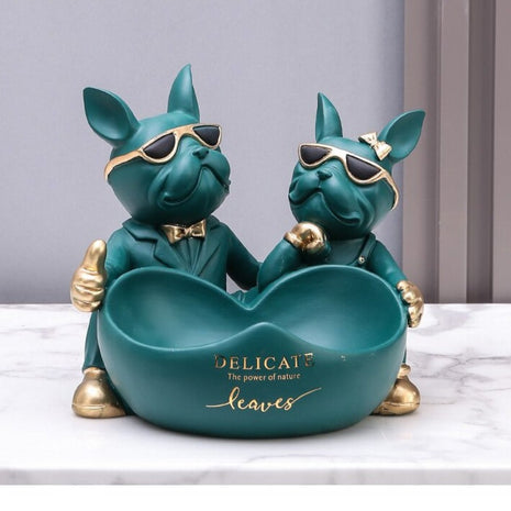 Lovely Couple Bulldog Resin Statue With Bowl / Ruchi