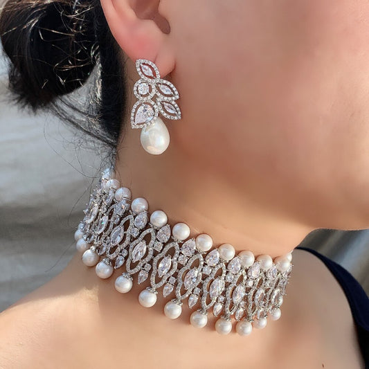3 Pieces Pearl Zirconia Crystal Fashion Jewelry Set / Ruchi