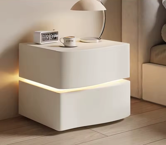 Solid Wooden Leather Bedside Table With LED / Ruchi