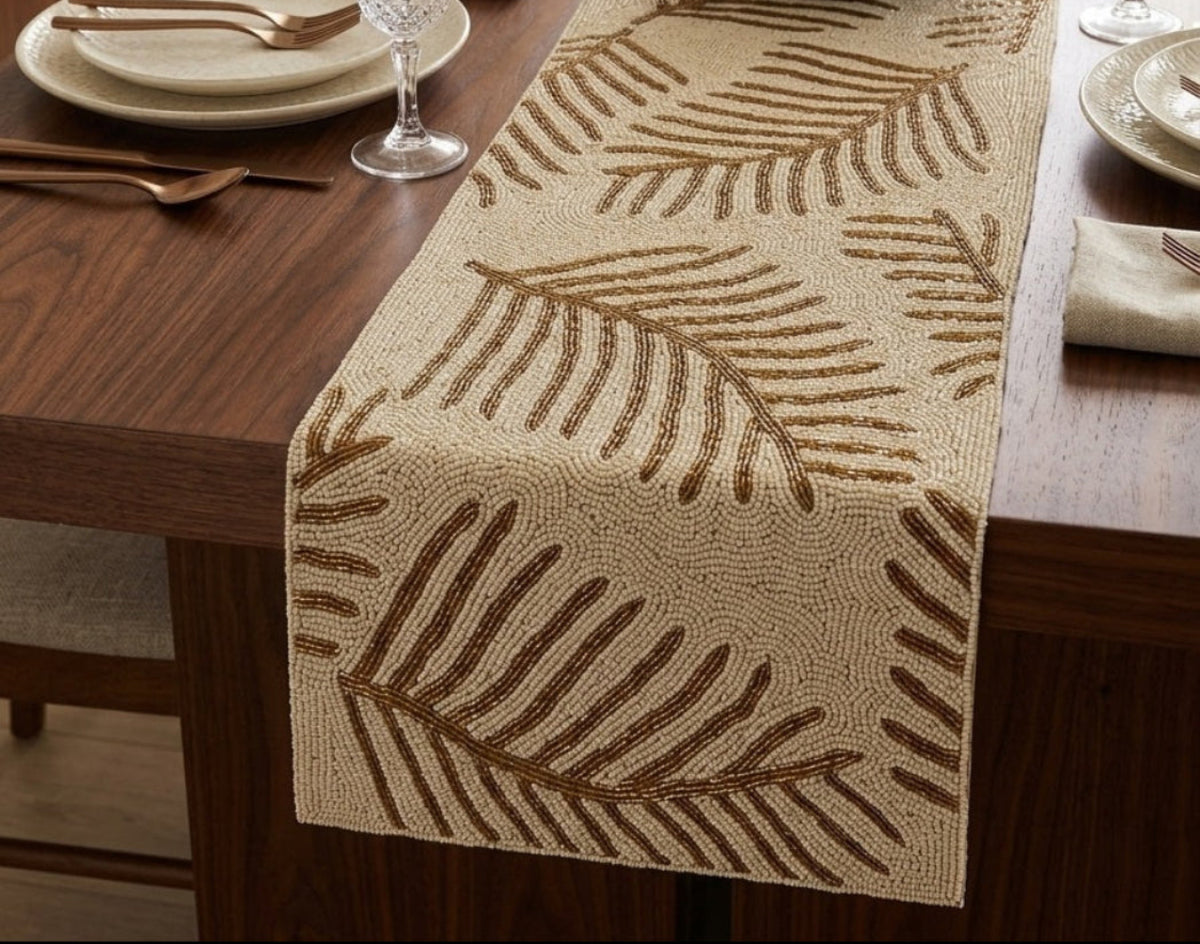 White & Gold Beaded Table Runner / Ruchi