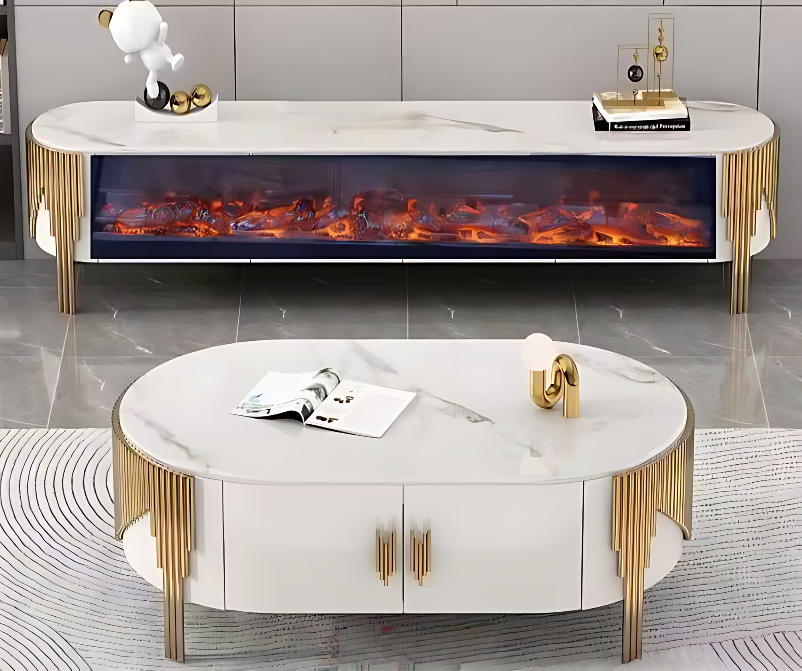 Marble Coffee Table And TV-Stand With LED Electric Fireplace / Ruchi