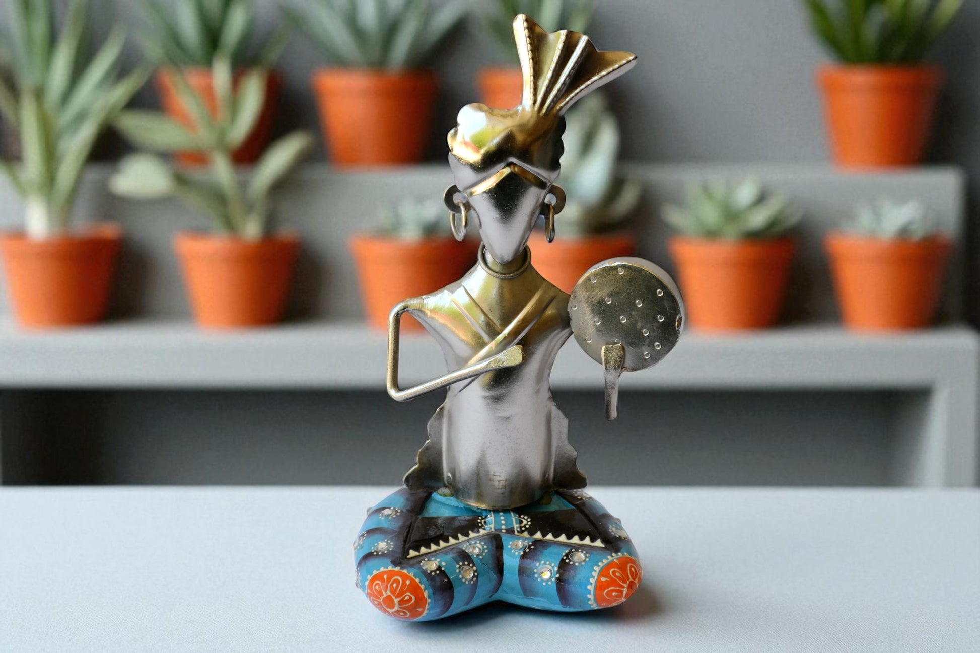 Handcrafted Tribal Musician Metal Statue / Ruchi