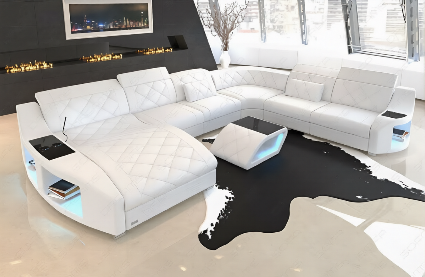 Diamond Design LED Embedded Leather Sectional-Sofa