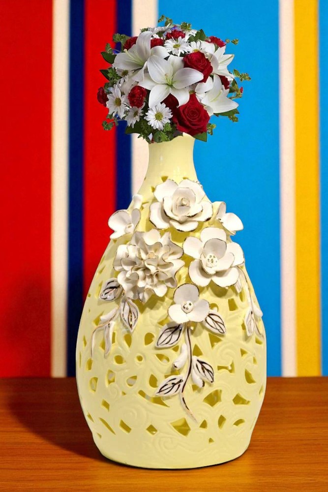 Intricate Yellow Porcelain Flower Vase / Ruchi